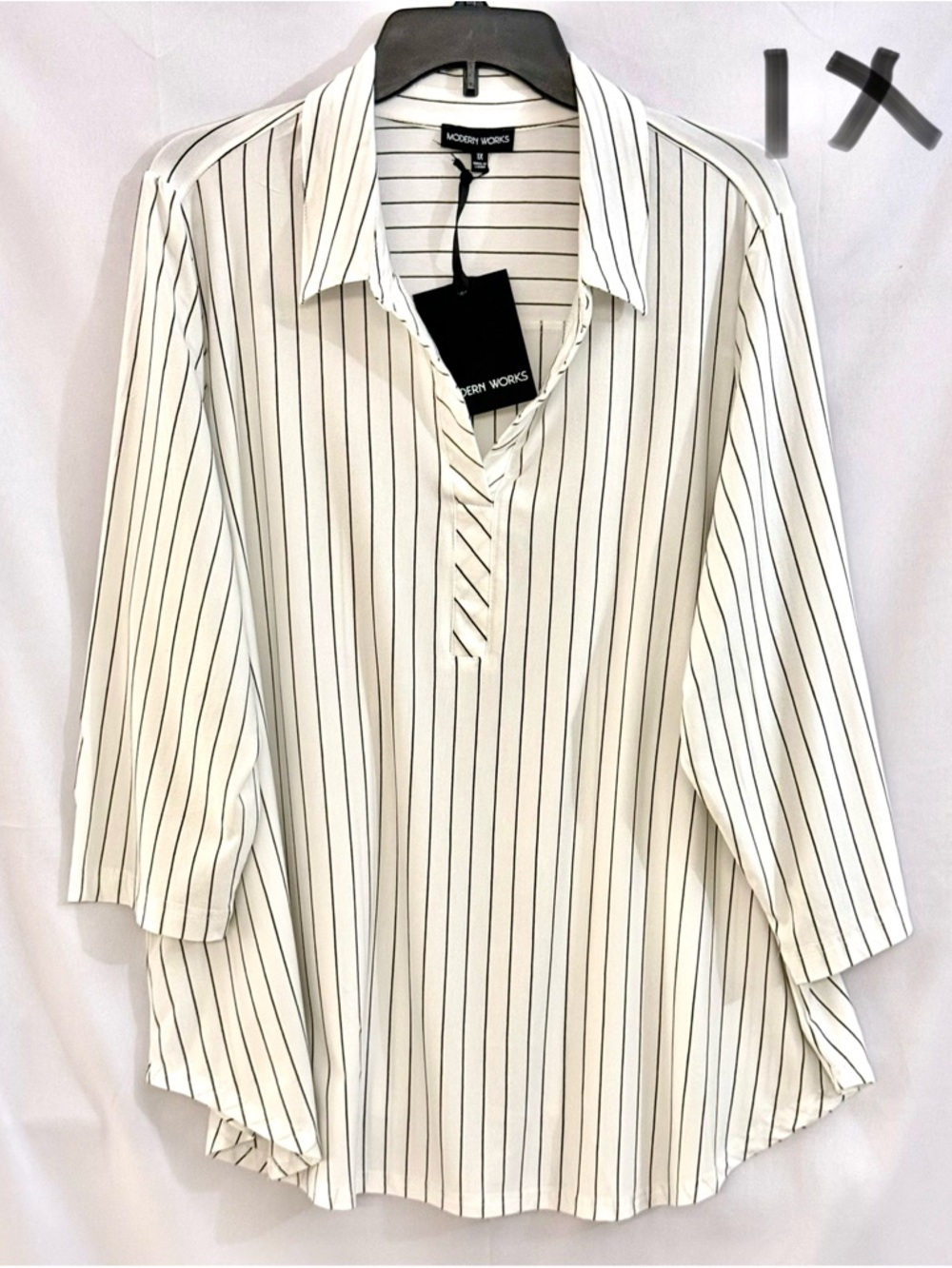 Modern Works White Pinstripe Collared V-Neck Tunic